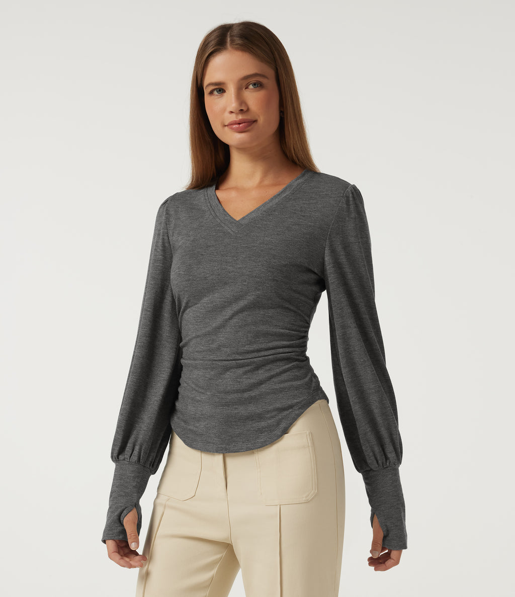 V Neck Long Sleeve Casual T-Shirt with Thumbholes — Darl Gray Floral Yarn — view 4
