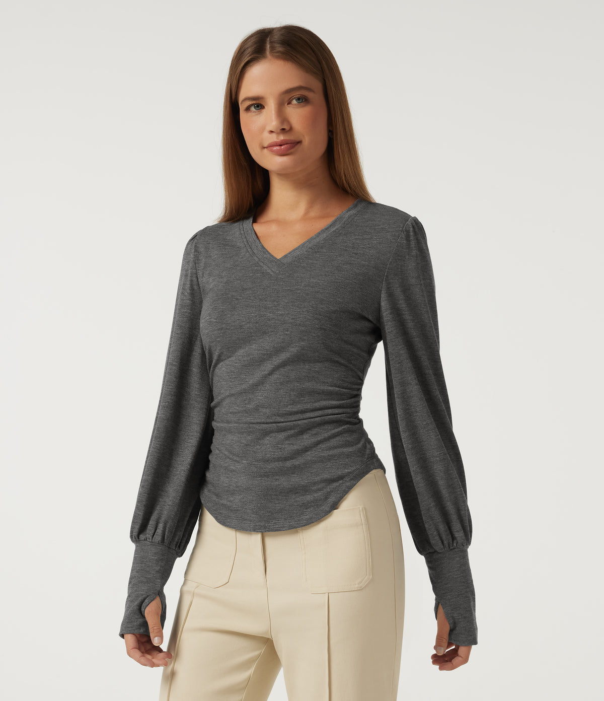 V Neck Long Sleeve Casual T-Shirt with Thumbholes — Darl Gray Floral Yarn — view 4