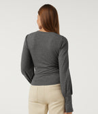 V Neck Long Sleeve Casual T-Shirt with Thumbholes — Darl Gray Floral Yarn — view 2