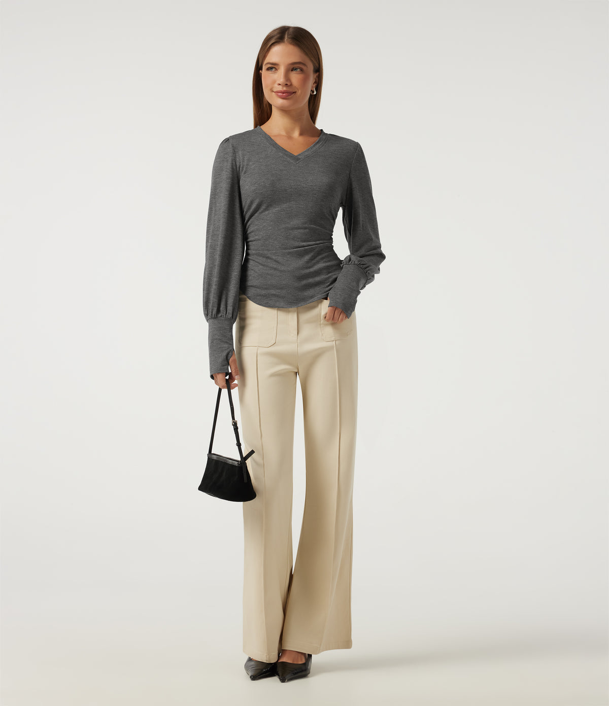 V Neck Long Sleeve Casual T-Shirt with Thumbholes — Darl Gray Floral Yarn — view 7