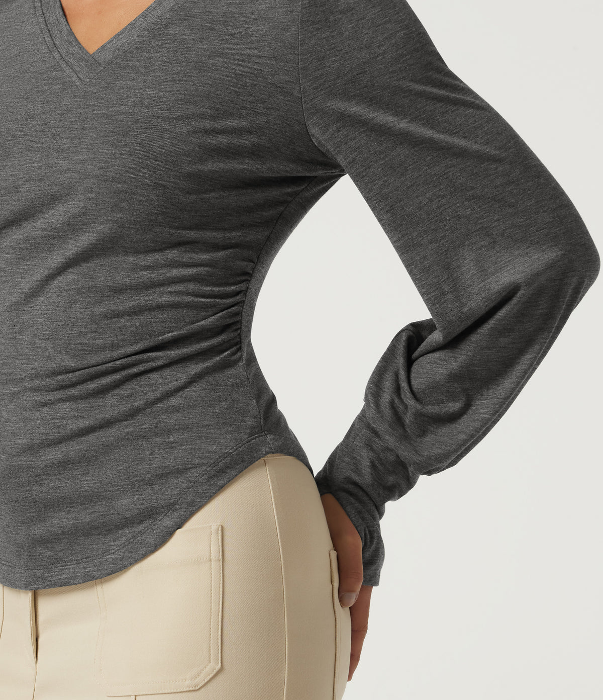 V Neck Long Sleeve Casual T-Shirt with Thumbholes — Darl Gray Floral Yarn — view 5