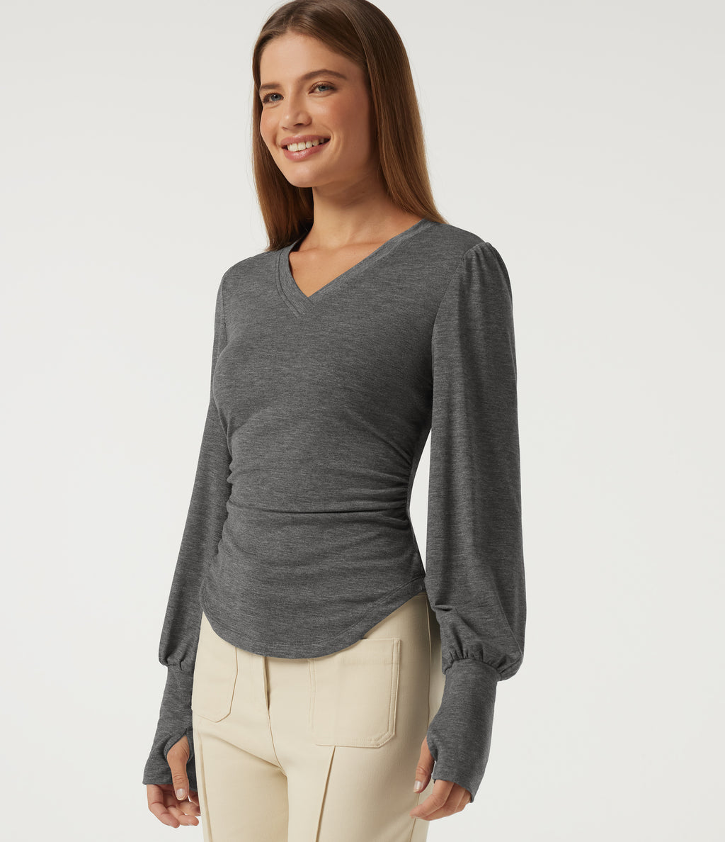 V Neck Long Sleeve Casual T-Shirt with Thumbholes — Darl Gray Floral Yarn — view 1