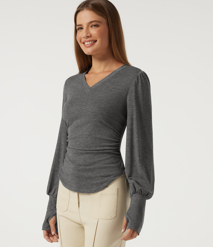 V Neck Long Sleeve Casual T-Shirt with Thumbholes — Darl Gray Floral Yarn — view 1