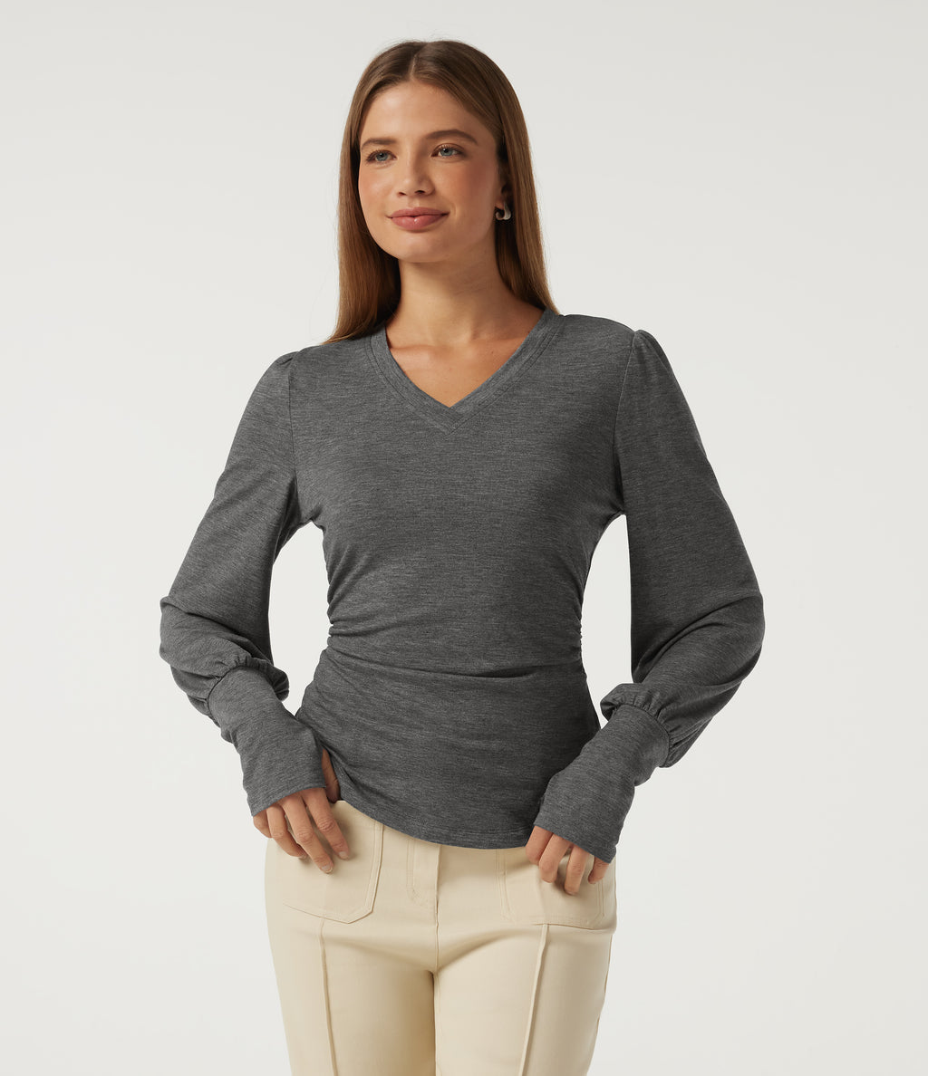 V Neck Long Sleeve Casual T-Shirt with Thumbholes — Darl Gray Floral Yarn — view 3
