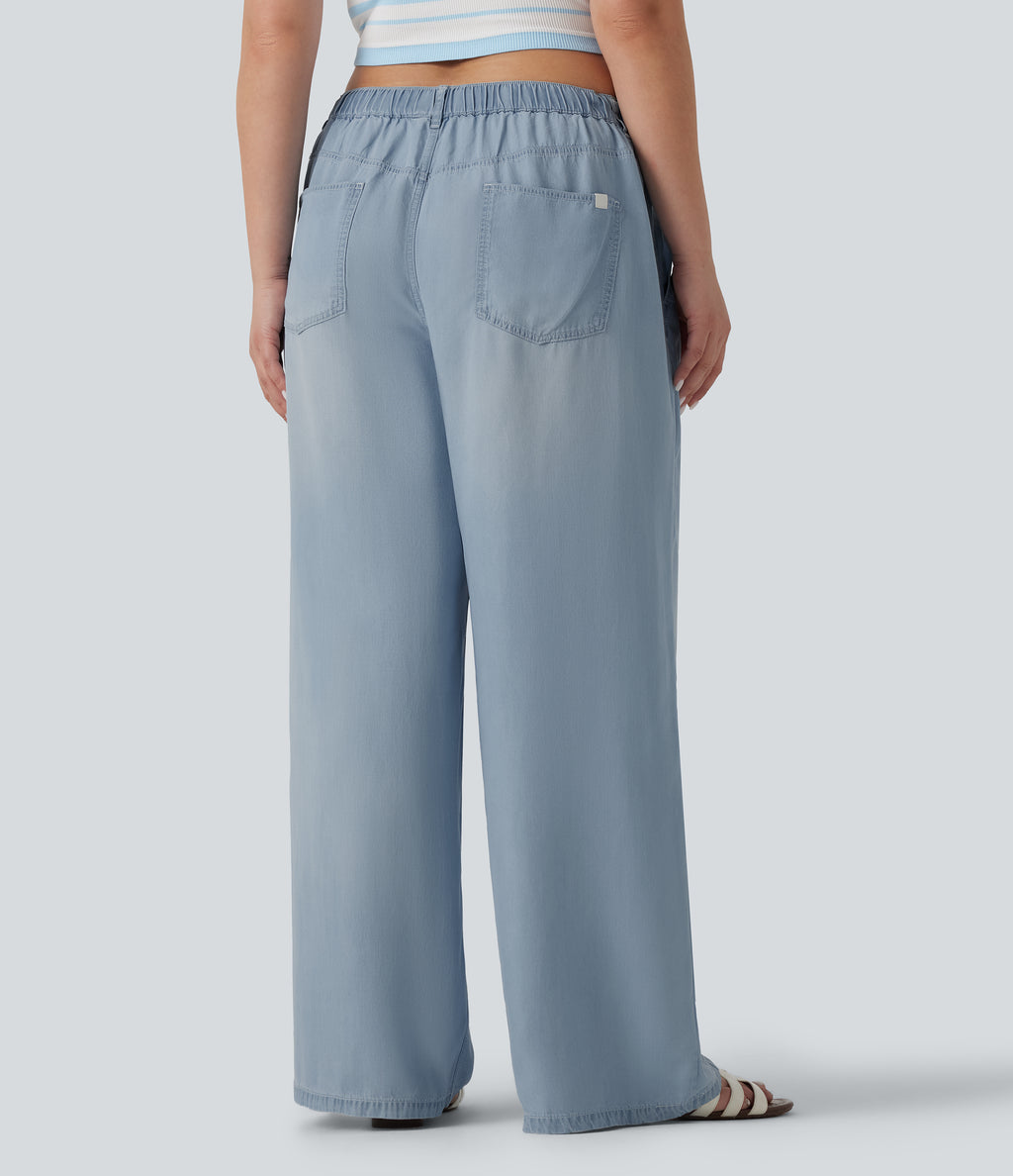 Plus Size Mid Rise Drawstring Casual Jeans with Pockets — Malibu Blue Denim — view 2