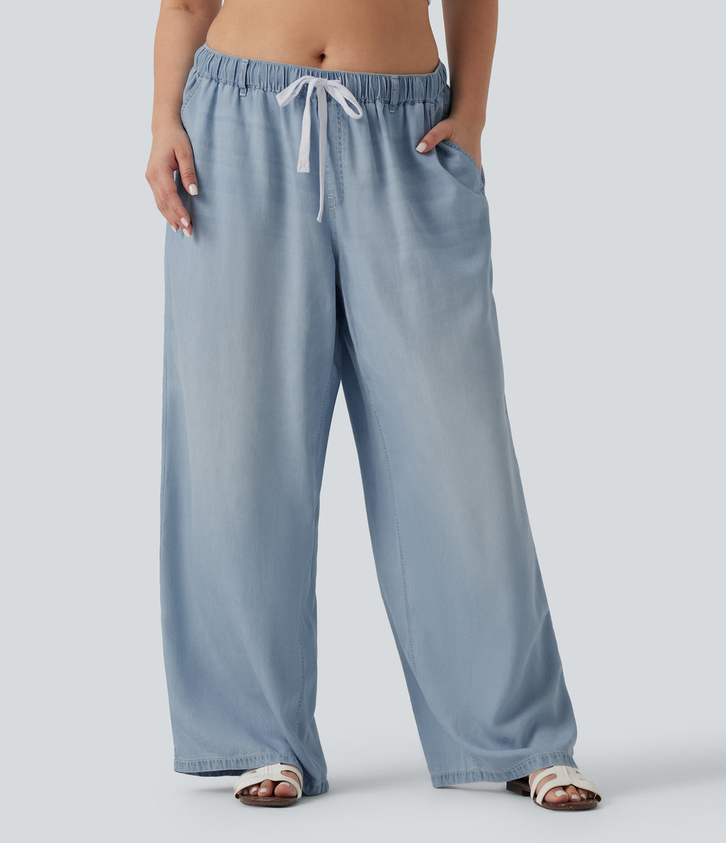 Plus Size Mid Rise Drawstring Casual Jeans with Pockets — Malibu Blue Denim — view 1