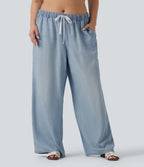 Plus Size Mid Rise Drawstring Casual Jeans with Pockets — Malibu Blue Denim — view 1