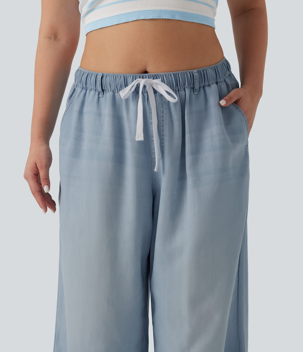 Plus Size Mid Rise Drawstring Casual Jeans with Pockets — Malibu Blue Denim — view 4