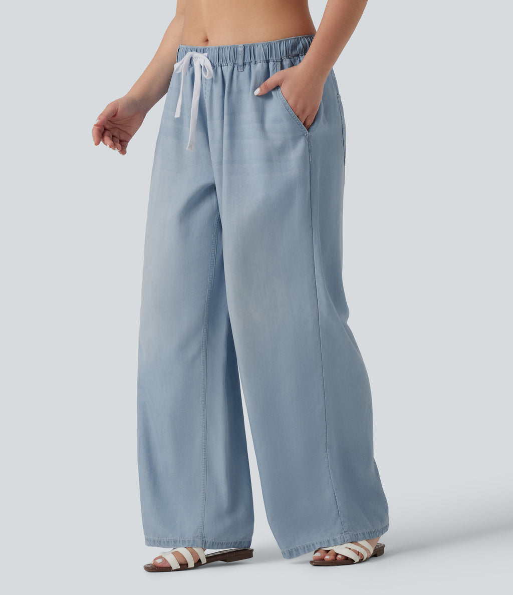 Plus Size Mid Rise Drawstring Casual Jeans with Pockets — Malibu Blue Denim — view 3