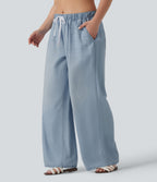 Plus Size Mid Rise Drawstring Casual Jeans with Pockets — Malibu Blue Denim — view 3