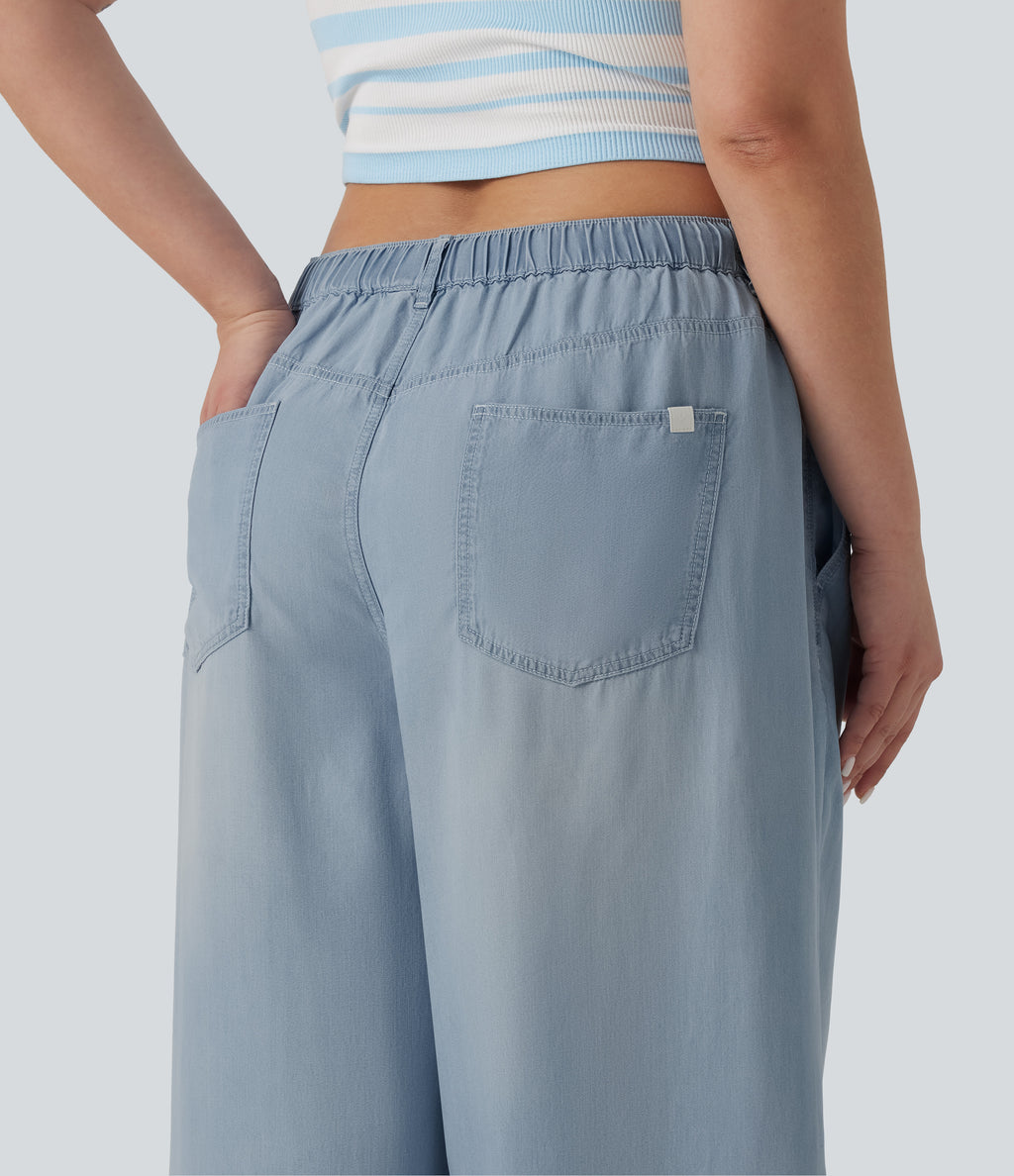 Plus Size Mid Rise Drawstring Casual Jeans with Pockets — Malibu Blue Denim — view 5