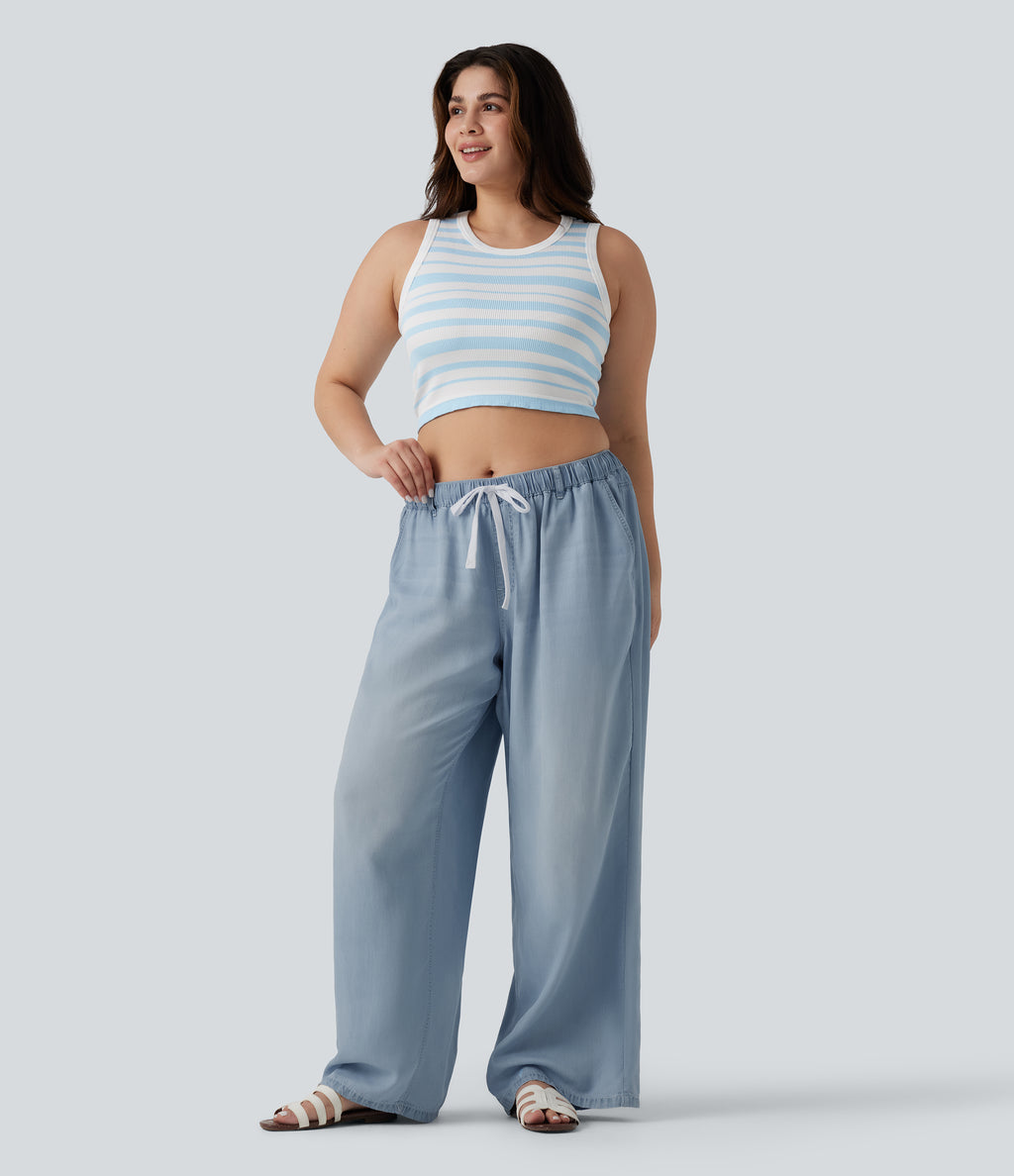 Plus Size Mid Rise Drawstring Casual Jeans with Pockets — Malibu Blue Denim — view 6