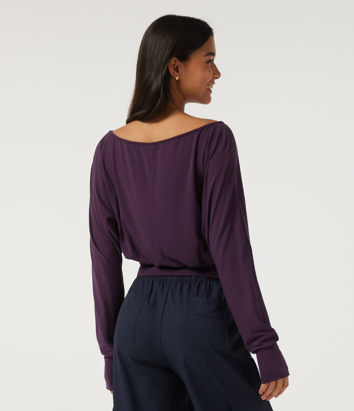 V Neck Batwing Long Sleeve Casual Top with Thumbholes — Potent Purple — view 2