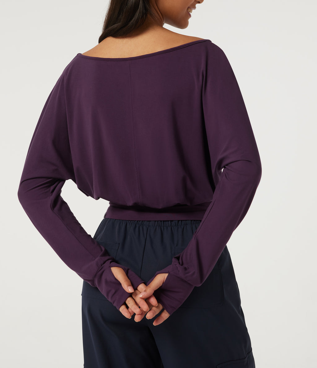 V Neck Batwing Long Sleeve Casual Top with Thumbholes — Potent Purple — view 6