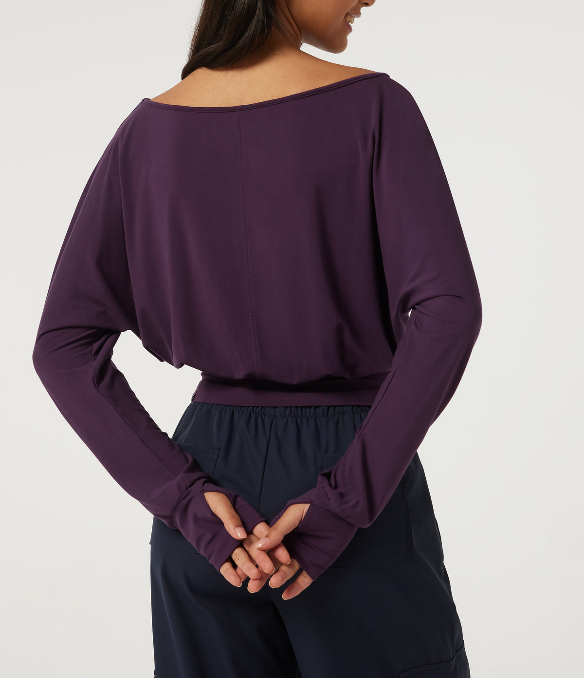V Neck Batwing Long Sleeve Casual Top with Thumbholes — Potent Purple — view 6