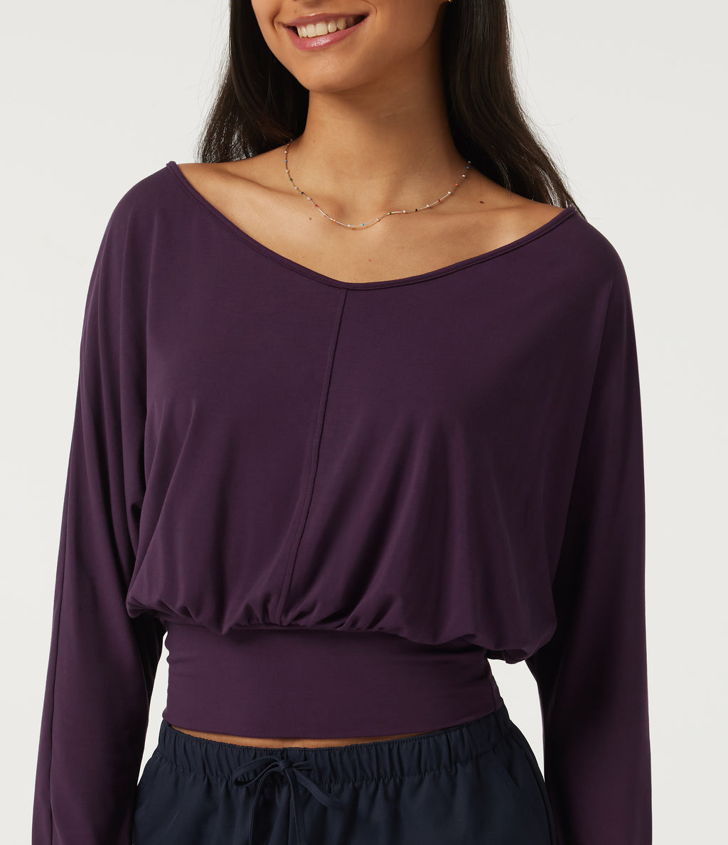 V Neck Batwing Long Sleeve Casual Top with Thumbholes — Potent Purple — view 5