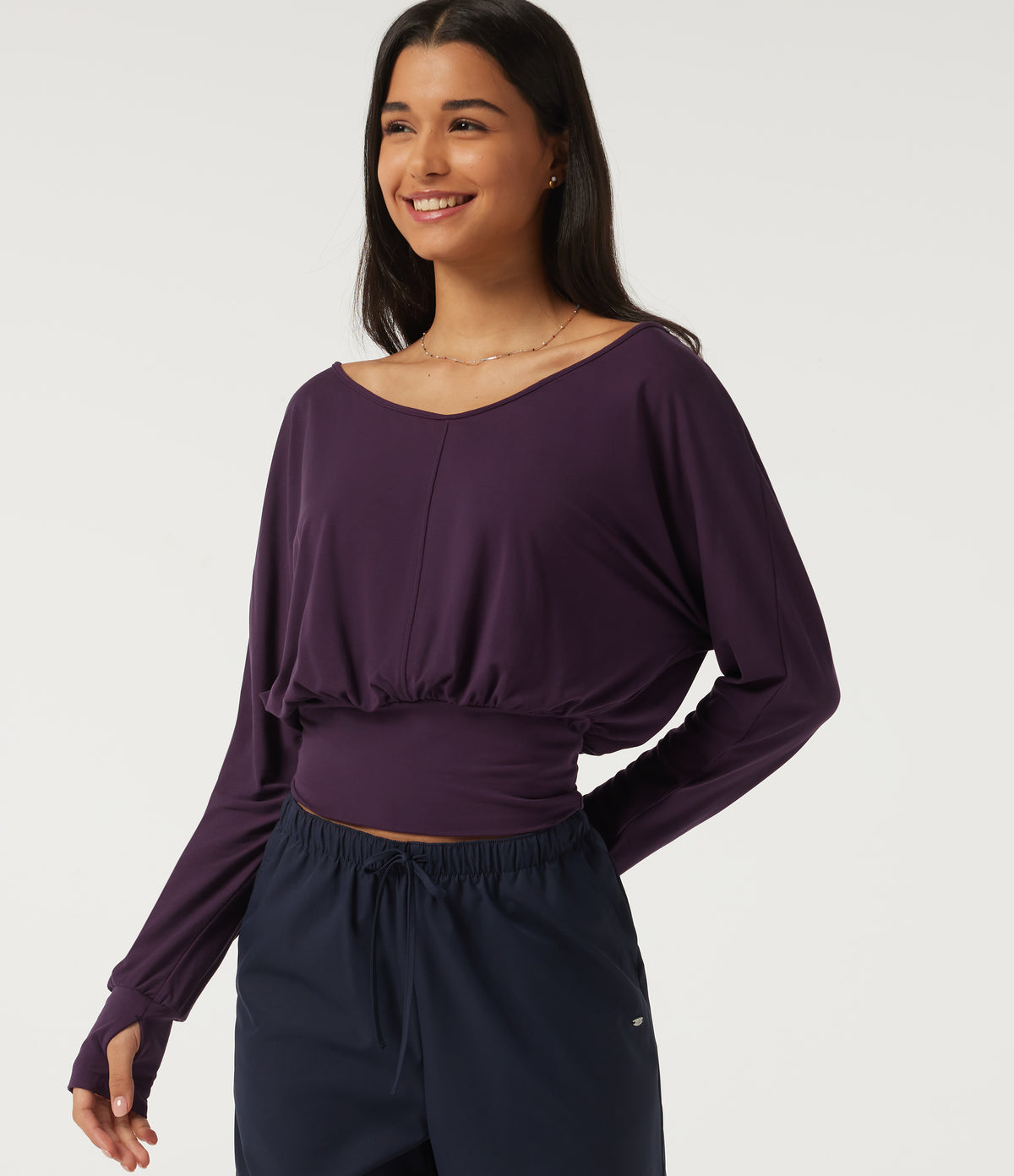 V Neck Batwing Long Sleeve Casual Top with Thumbholes — Potent Purple — view 1