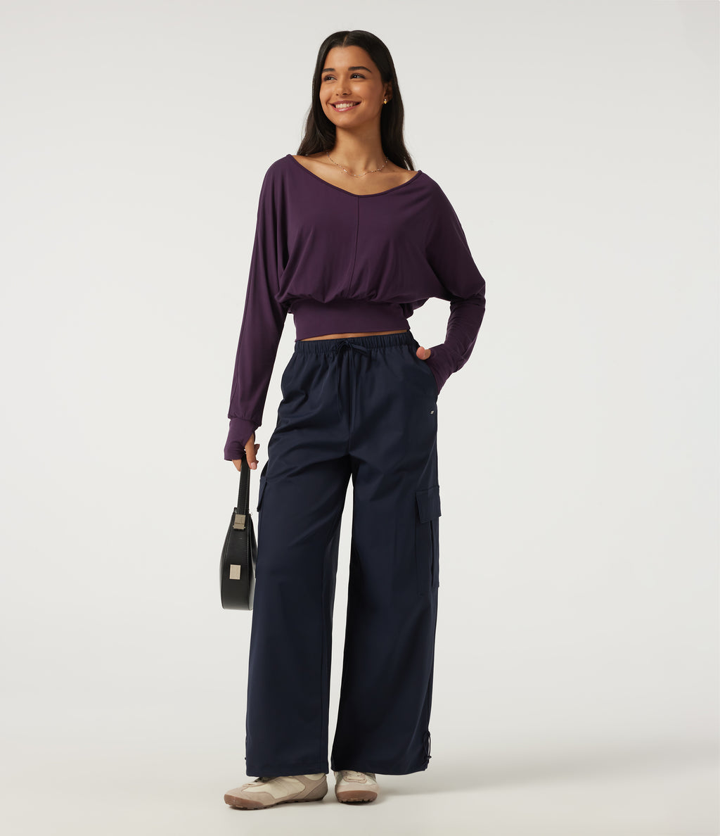 V Neck Batwing Long Sleeve Casual Top with Thumbholes — Potent Purple — view 7