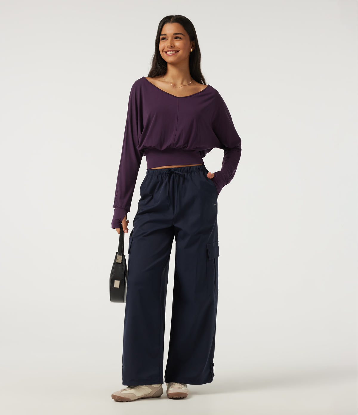 V Neck Batwing Long Sleeve Casual Top with Thumbholes — Potent Purple — view 7