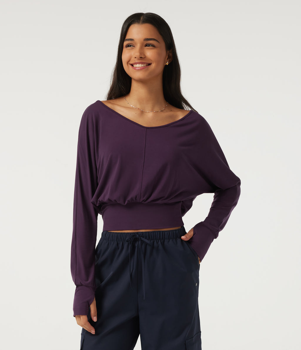V Neck Batwing Long Sleeve Casual Top with Thumbholes — Potent Purple — view 3