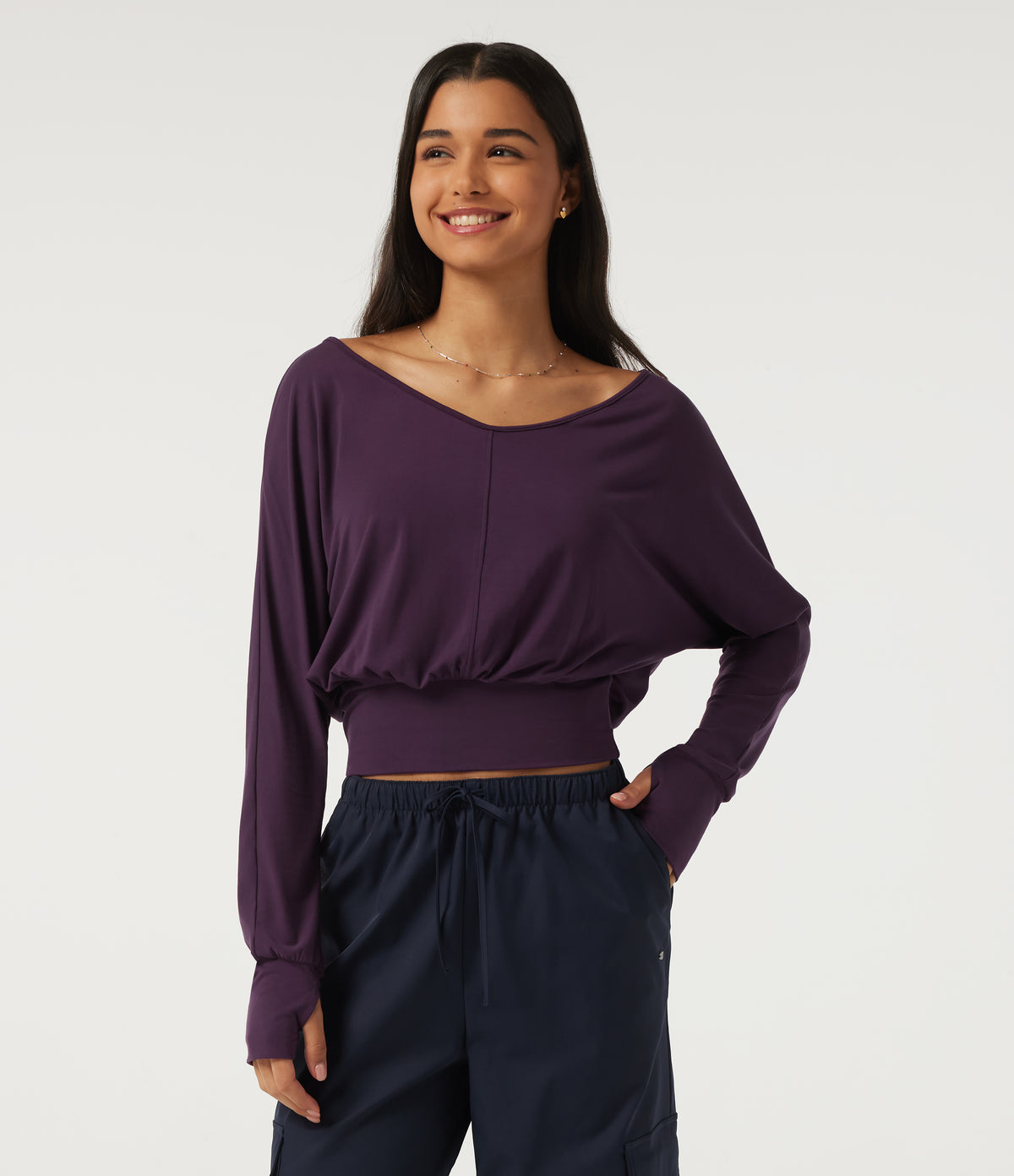 V Neck Batwing Long Sleeve Casual Top with Thumbholes — Potent Purple — view 3