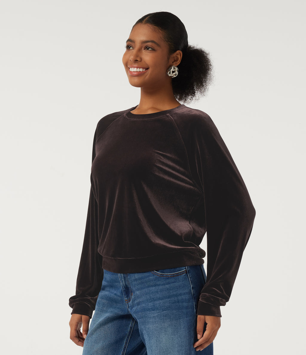 Round Neck Long Sleeve Velvet Casual Sweatshirt — Charcoal Brown — view 3