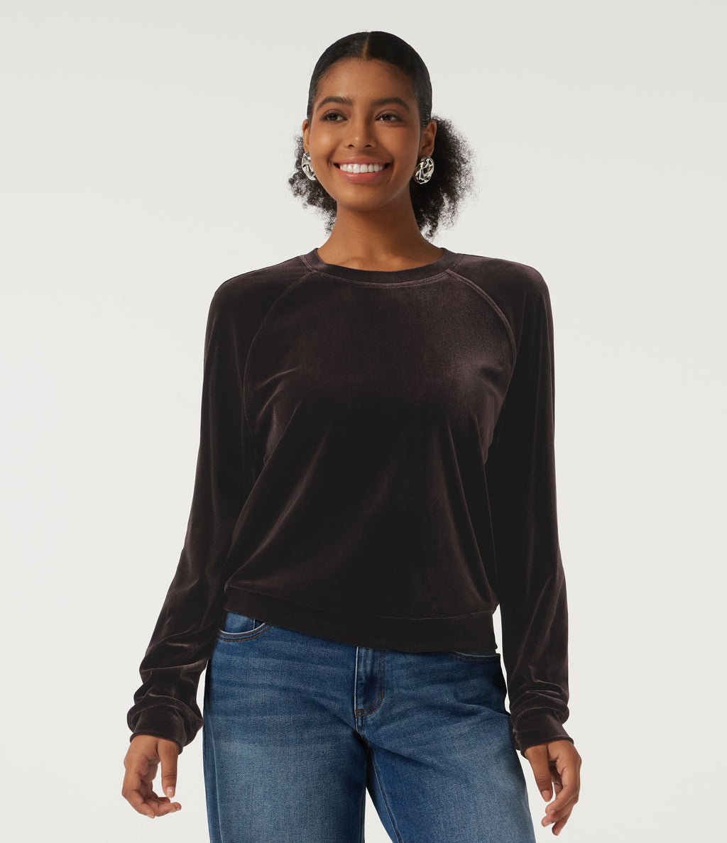 Round Neck Long Sleeve Velvet Casual Sweatshirt — Charcoal Brown — view 1