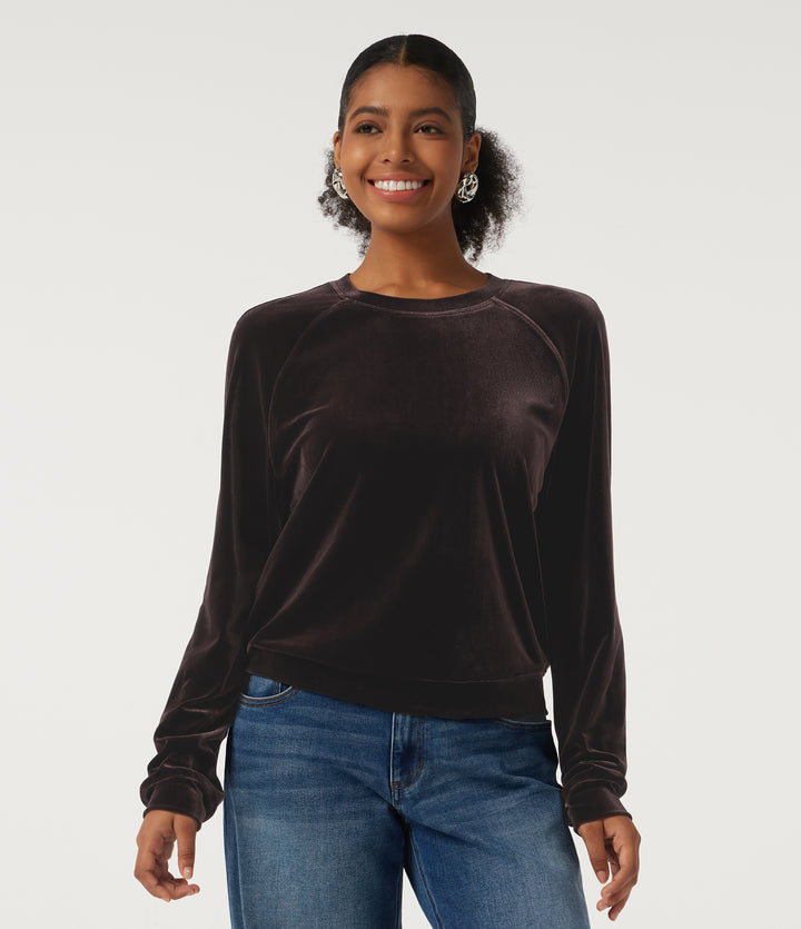 Round Neck Long Sleeve Velvet Casual Sweatshirt — Charcoal Brown — view 1