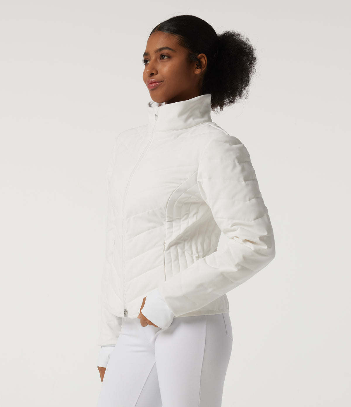 PuffFlex High Neck Long Sleeve Quilted Casual Padded Jacket with Pockets and Thumbholes — White — view 3