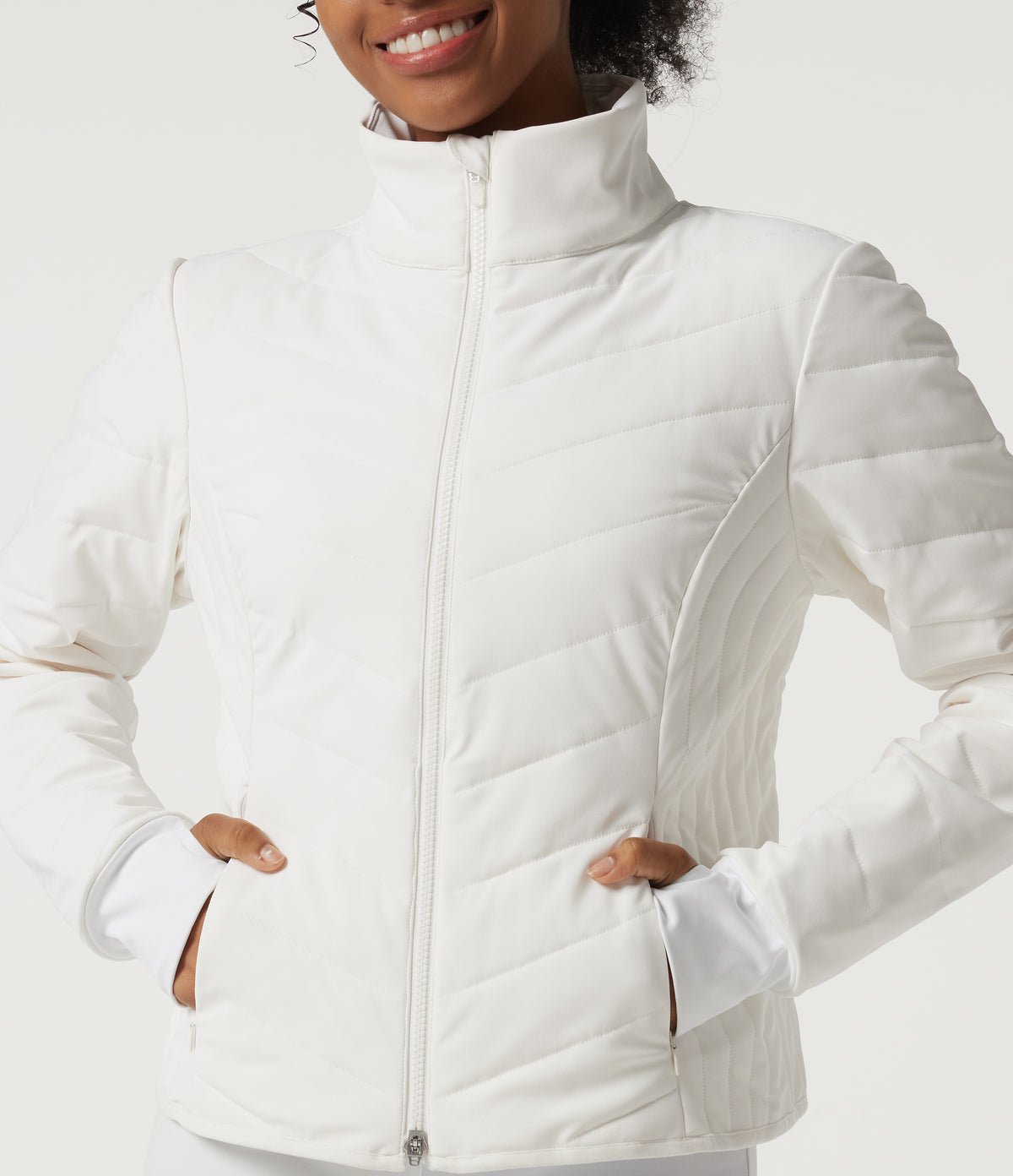 PuffFlex High Neck Long Sleeve Quilted Casual Padded Jacket with Pockets and Thumbholes — White — view 5