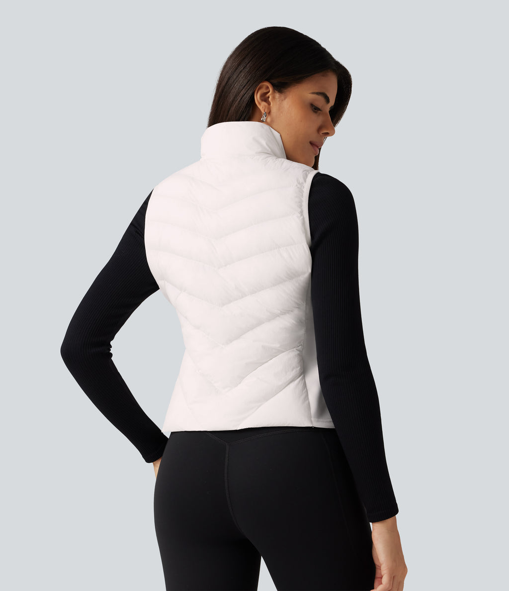 High Neck Slim Casual Padded Vest with Pockets — White — view 2