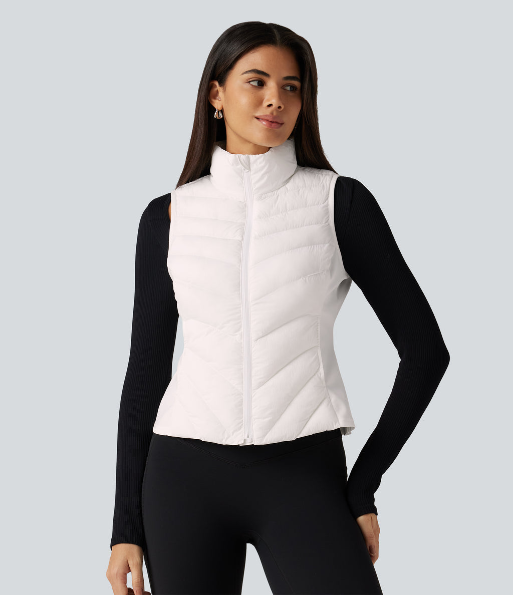 High Neck Slim Casual Padded Vest with Pockets — White — view 4