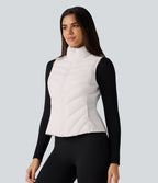 High Neck Slim Casual Padded Vest with Pockets — White — view 3