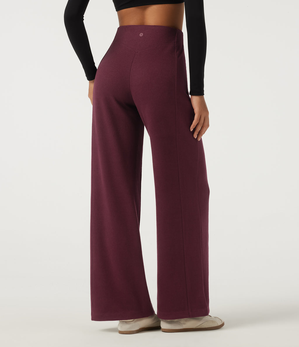 Ribbed High Waisted Wide Leg Adjustable Hem Casual Trousers with Pockets — Cabernet — view 2