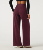 Ribbed High Waisted Wide Leg Adjustable Hem Casual Trousers with Pockets — Cabernet — view 2