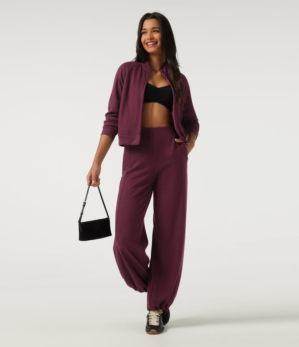Ribbed High Waisted Wide Leg Adjustable Hem Casual Trousers with Pockets — Cabernet — view 8