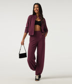 Ribbed High Waisted Wide Leg Adjustable Hem Casual Trousers with Pockets — Cabernet — view 8