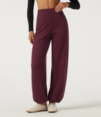 Ribbed High Waisted Wide Leg Adjustable Hem Casual Trousers with Pockets — Cabernet — view 4