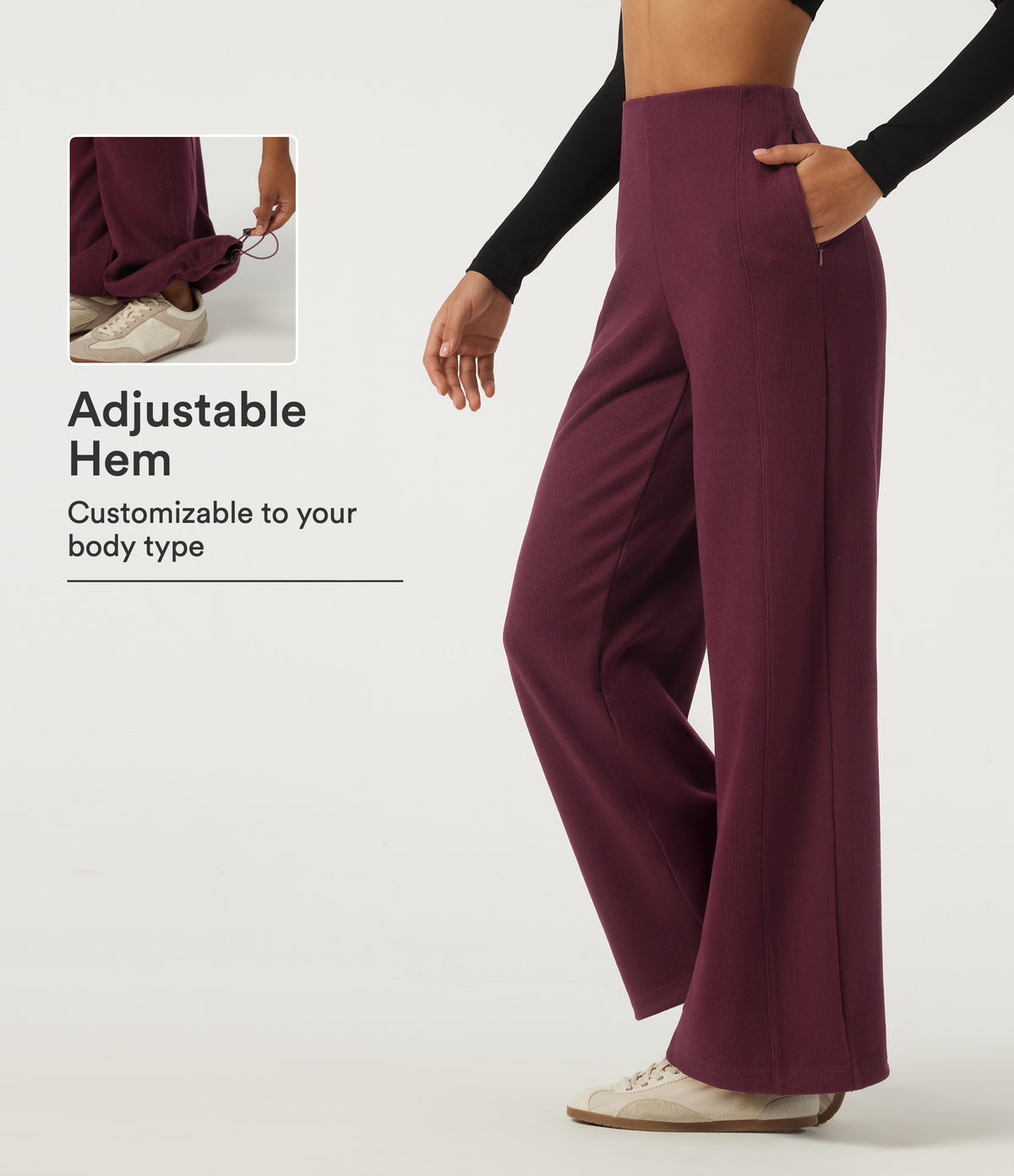 Ribbed High Waisted Wide Leg Adjustable Hem Casual Trousers with Pockets — Cabernet — view 1