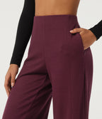 Ribbed High Waisted Wide Leg Adjustable Hem Casual Trousers with Pockets — Cabernet — view 5