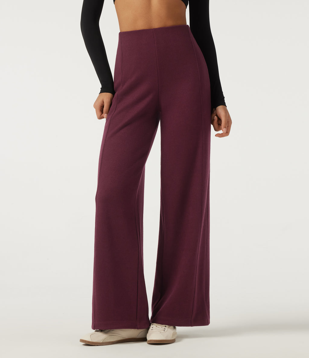 Ribbed High Waisted Wide Leg Adjustable Hem Casual Trousers with Pockets — Cabernet — view 3
