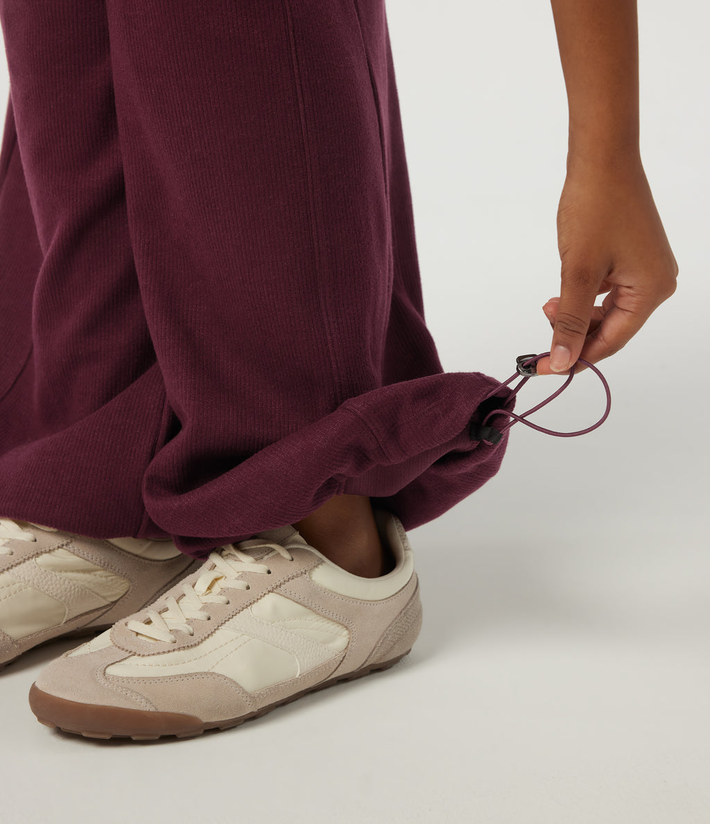 Ribbed High Waisted Wide Leg Adjustable Hem Casual Trousers with Pockets — Cabernet — view 7