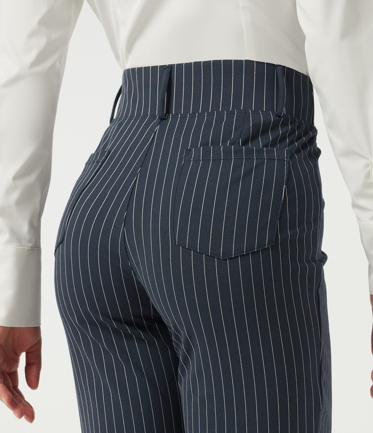 High Waisted Tapered Stripe Work Trousers with Pockets — Navy Pinstripe — view 6