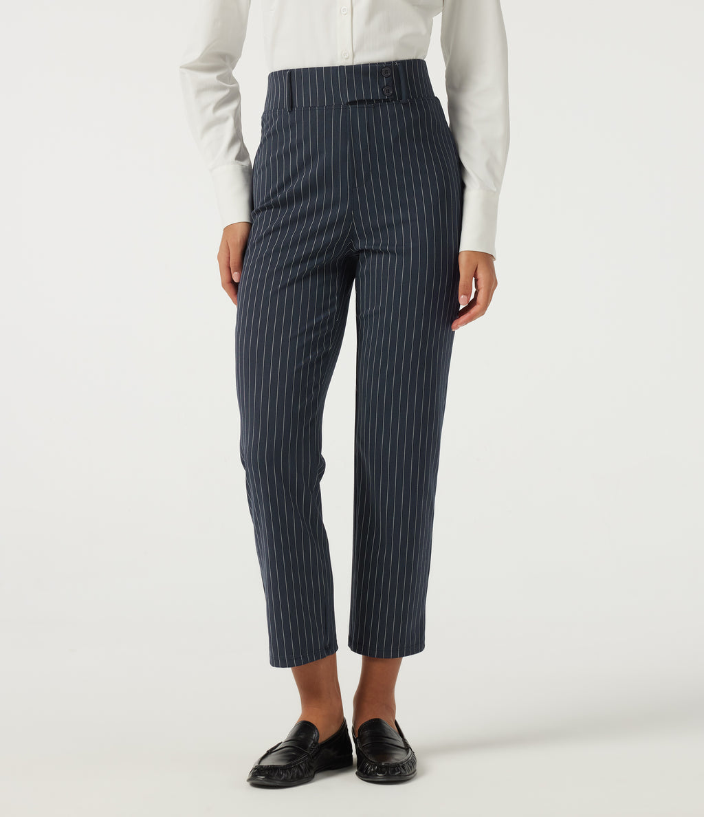 High Waisted Tapered Stripe Work Trousers with Pockets — Navy Pinstripe — view 4