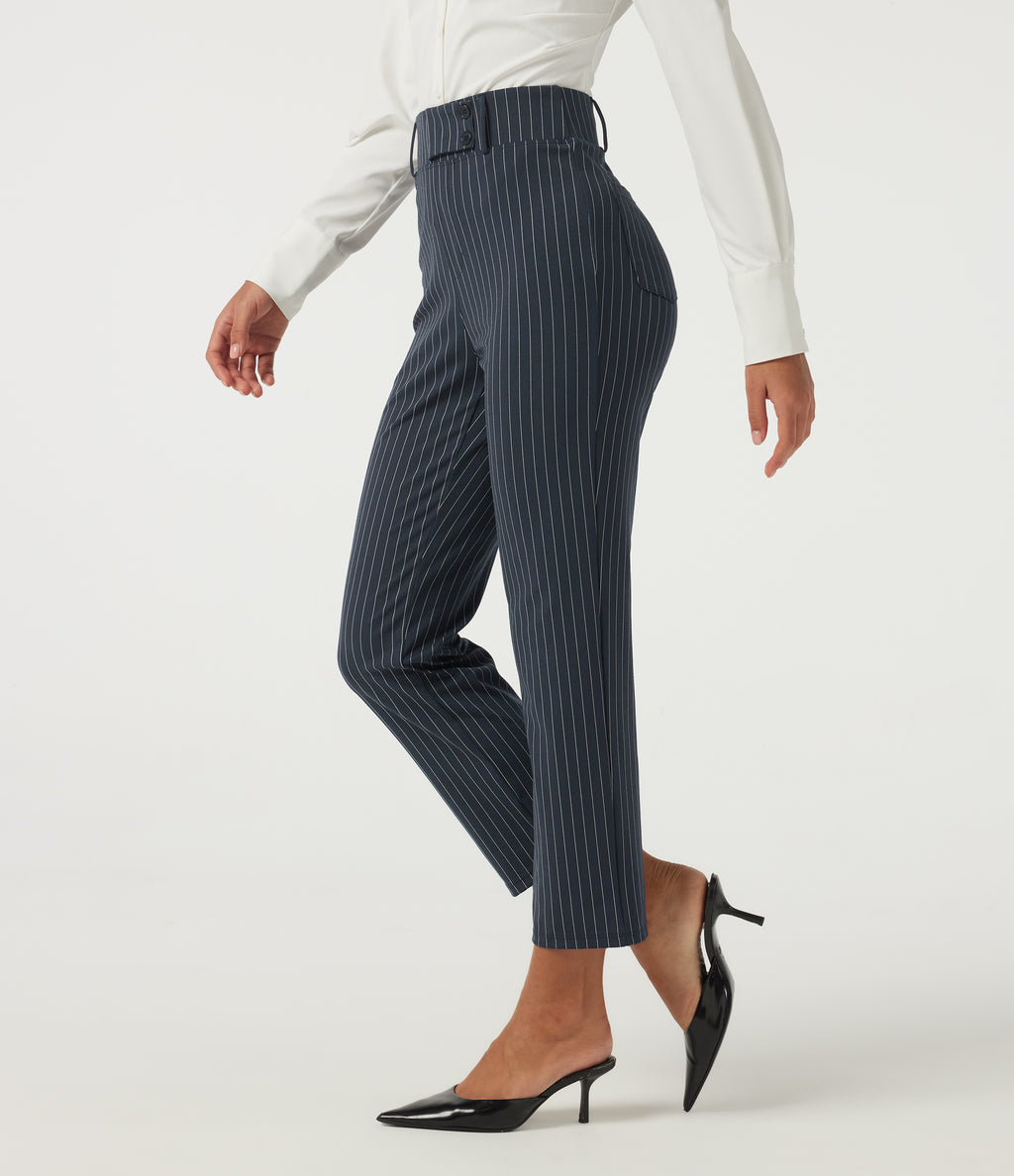 High Waisted Tapered Stripe Work Trousers with Pockets — Navy Pinstripe — view 1