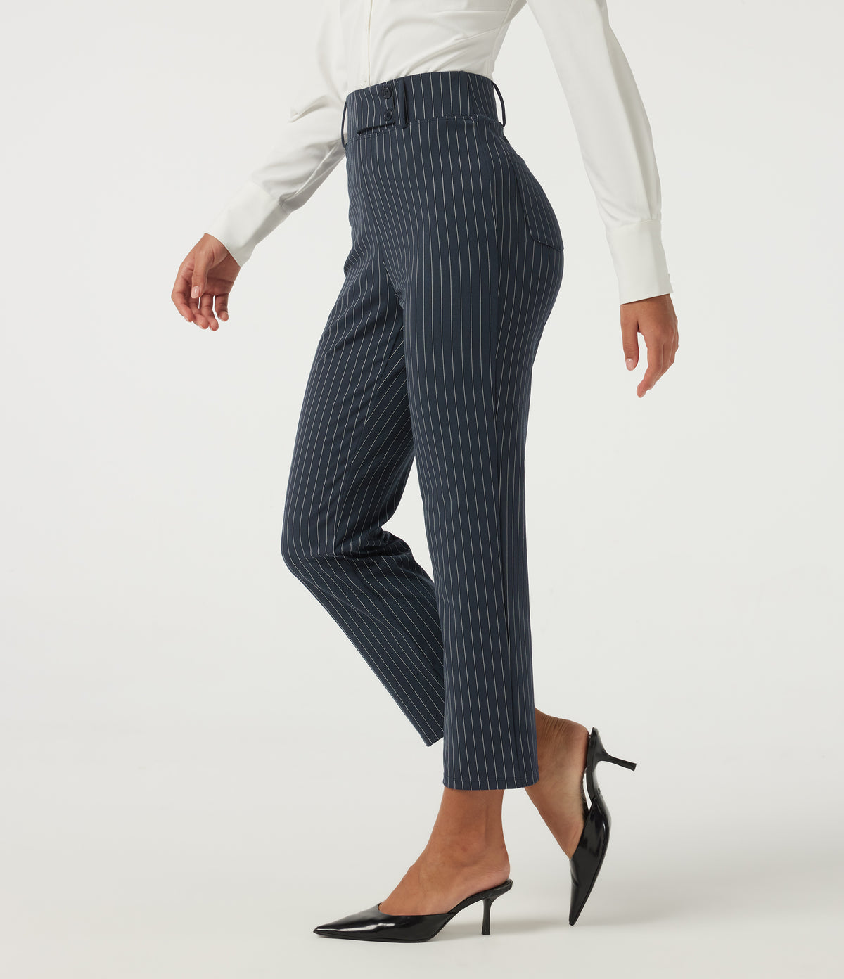 High Waisted Tapered Stripe Work Trousers with Pockets — Navy Pinstripe — view 1