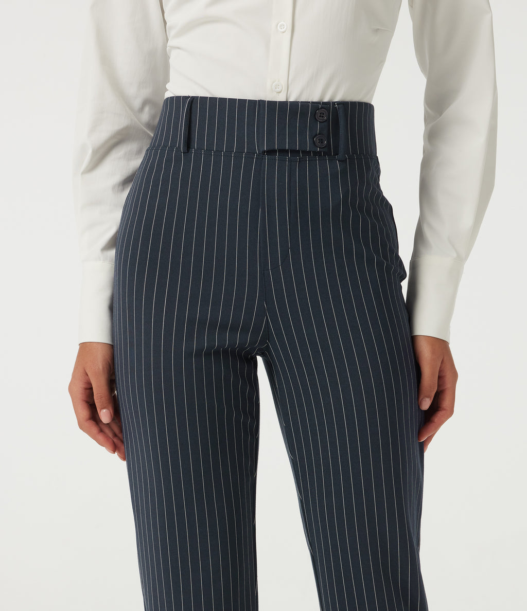 High Waisted Tapered Stripe Work Trousers with Pockets — Navy Pinstripe — view 5