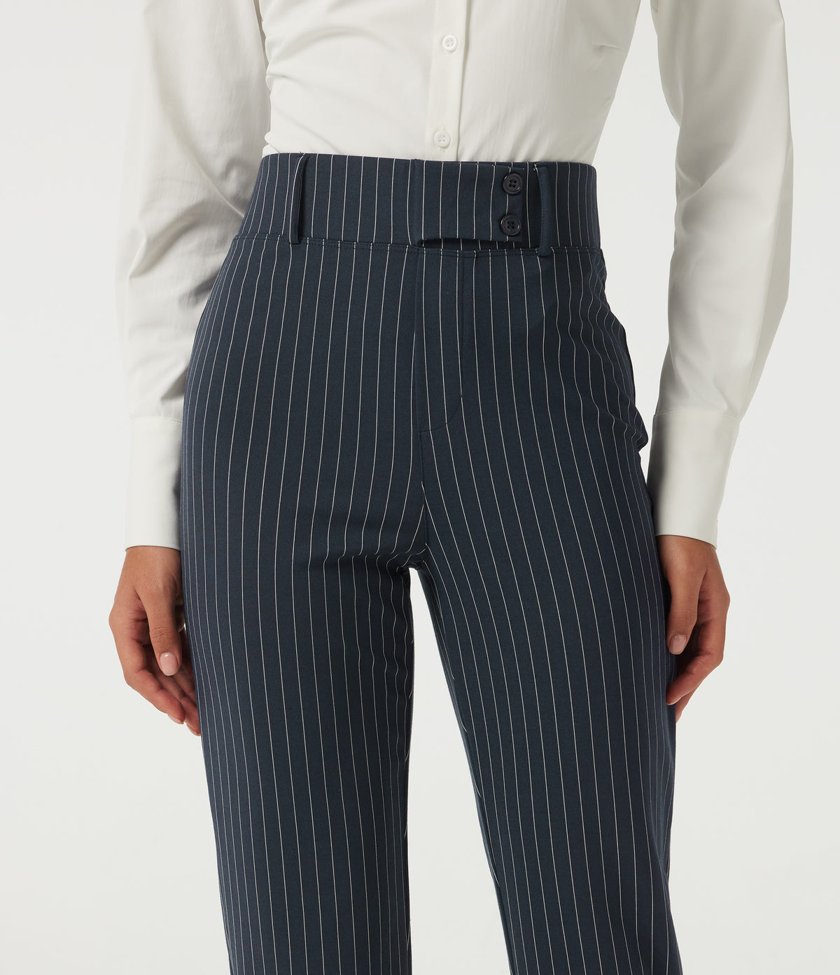High Waisted Tapered Stripe Work Trousers with Pockets — Navy Pinstripe — view 5