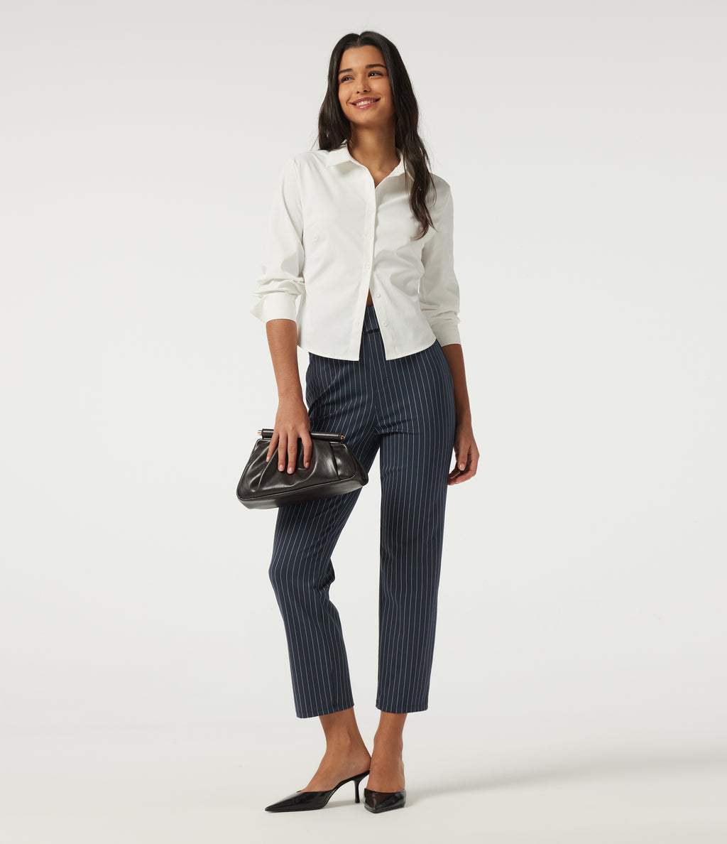 High Waisted Tapered Stripe Work Trousers with Pockets — Navy Pinstripe — view 8
