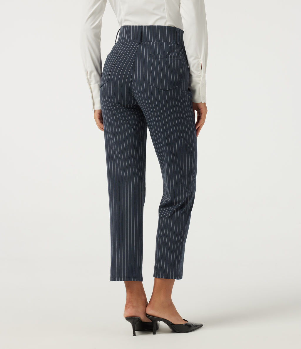 High Waisted Tapered Stripe Work Trousers with Pockets — Navy Pinstripe — view 2